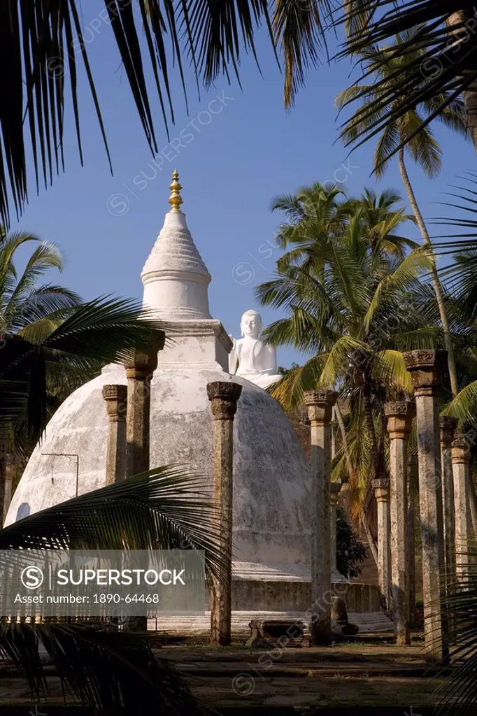 Great seated Buddha statue and dagoba stupa at Mihintale, where Buddhism first arrived in Sri Lanka, Mihintale, Sri Lanka, Asia