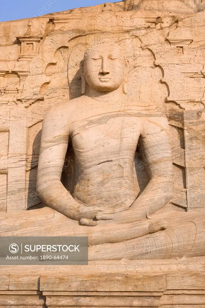 Rock carved granite image of the seated Buddha, Gal Vihara, Polonnaruwa Polonnaruva, UNESCO World Heritage Site, Sri Lanka, Asia