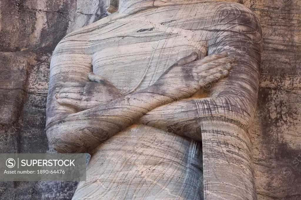 Detail of the rock carved granite image of the 7m tall standing Buddha, Gal Vihara, Polonnaruwa Polonnaruva, UNESCO World Heritage Site, Sri Lanka, As...