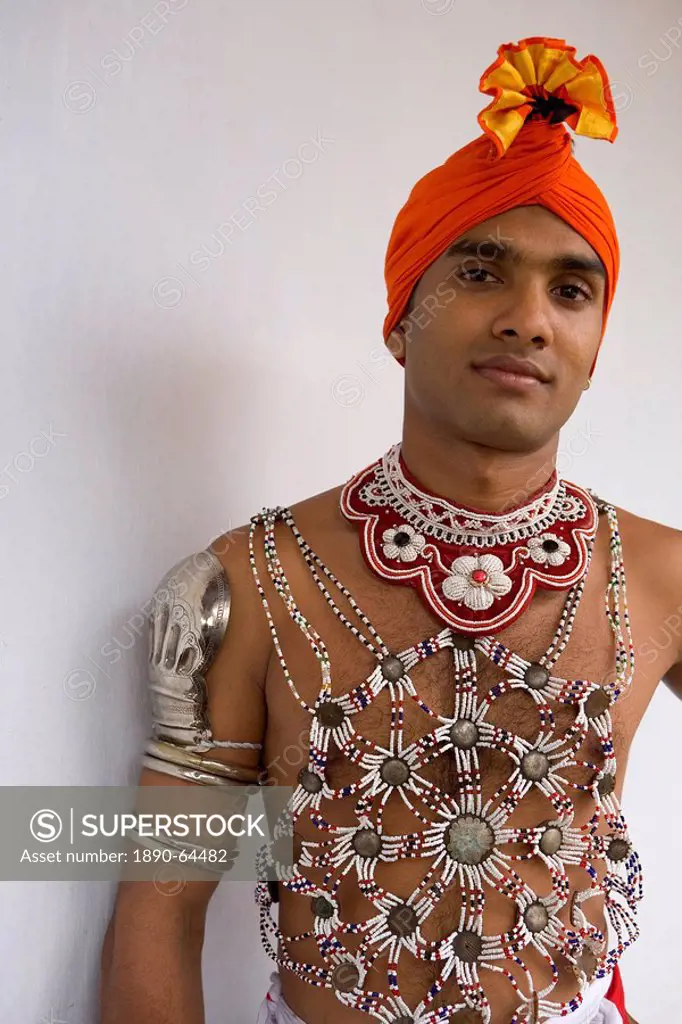 Portrait of a Kandyan dancer in costume, Kandy, Sri Lanka, Asia