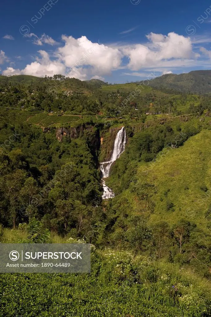 Lush highland countryside and waterfall in the Hill Country around Nuwara Eliya, Sri Lanka, Asia