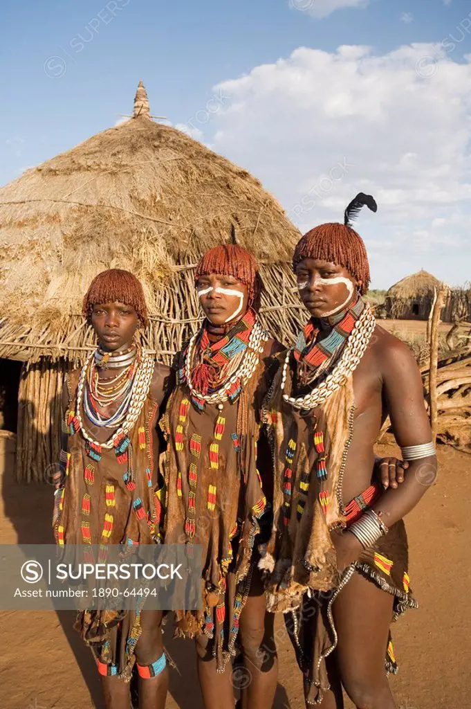 Portrait of three young women of the Hamer tribe, their hair treated with ochre, water and resin and twisted into tresses known as goscha, Lower Omo V...