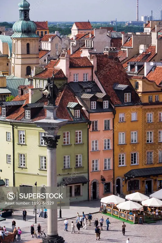 Elevated view over Castle Square Plac Zamkowy and Sigismund III Vasa Column to the colourful houses of the Old Town Stare Miasto, UNESCO World Heritag...