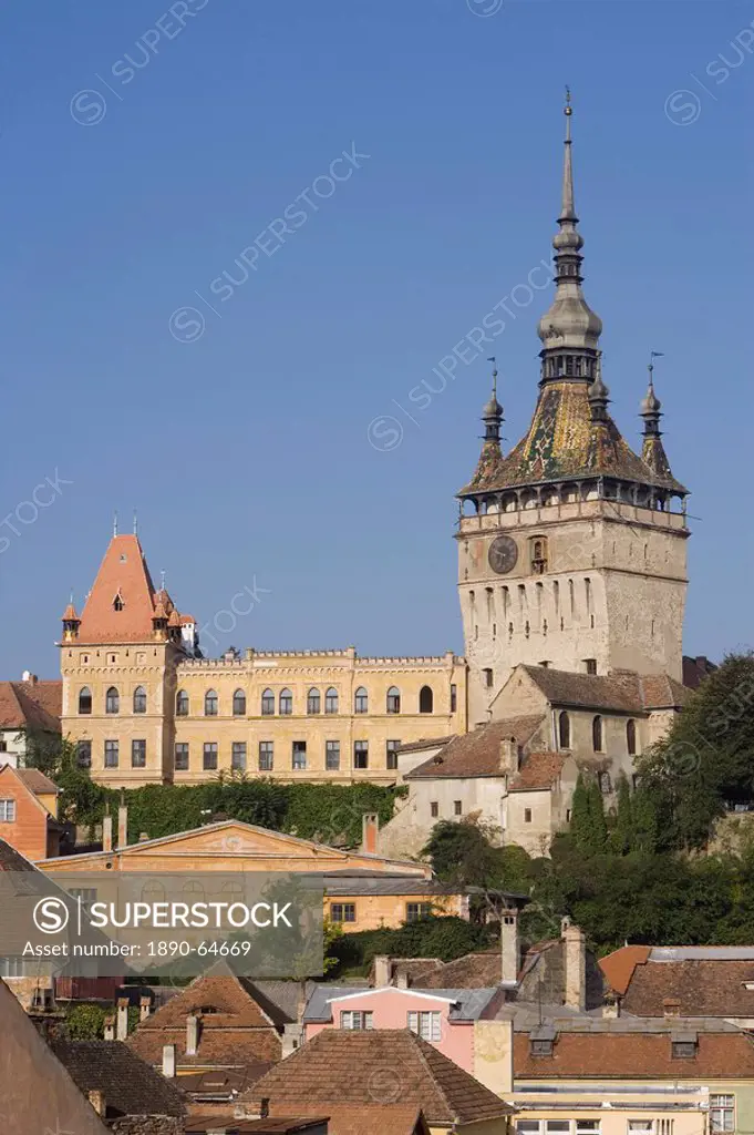 Clock tower Turnul cu Ceas, formerly the main entrance to the fortified city, in the medieval old town or citadel, Sighisoara, UNESCO World Heritage S...
