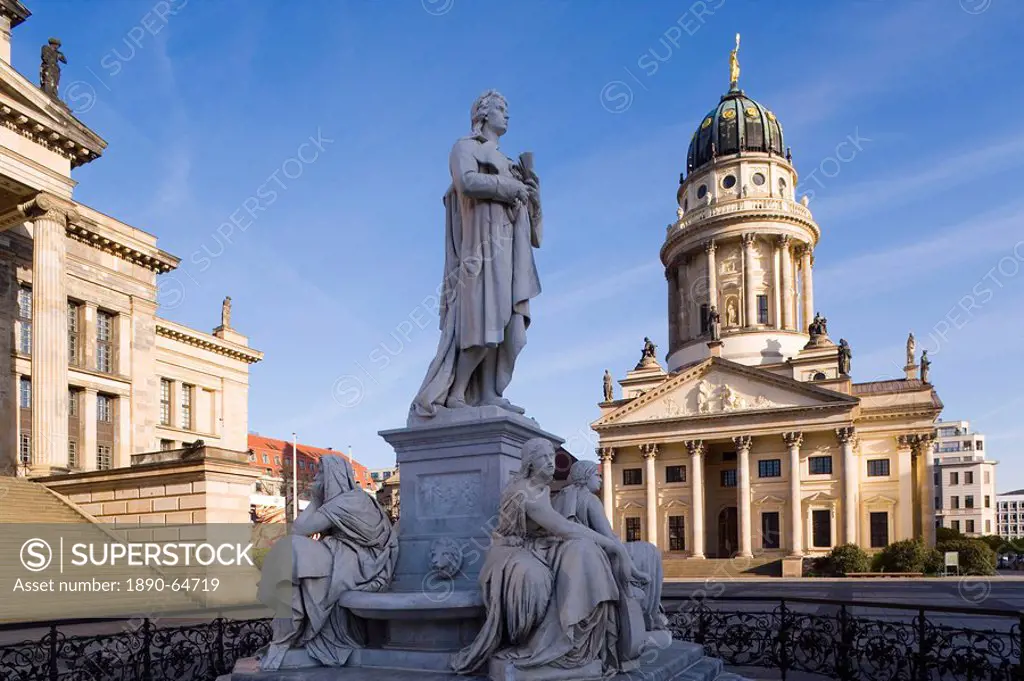 Schiller Monument and French Cathedral Franzosischer Dom, Gendarmenmarkt, Berlin, Germany, Europe