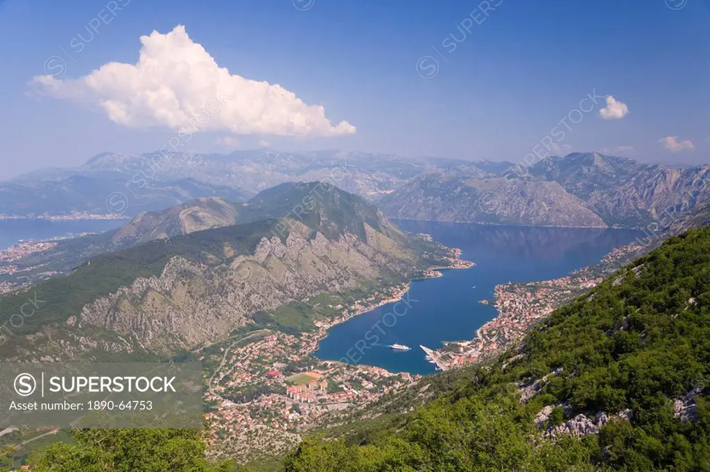 Elevated view of the Fjord, town of Kotor and surrounding mountains, Bay of Kotor, Adriatic coast, Montenegro, Balkans, Europe