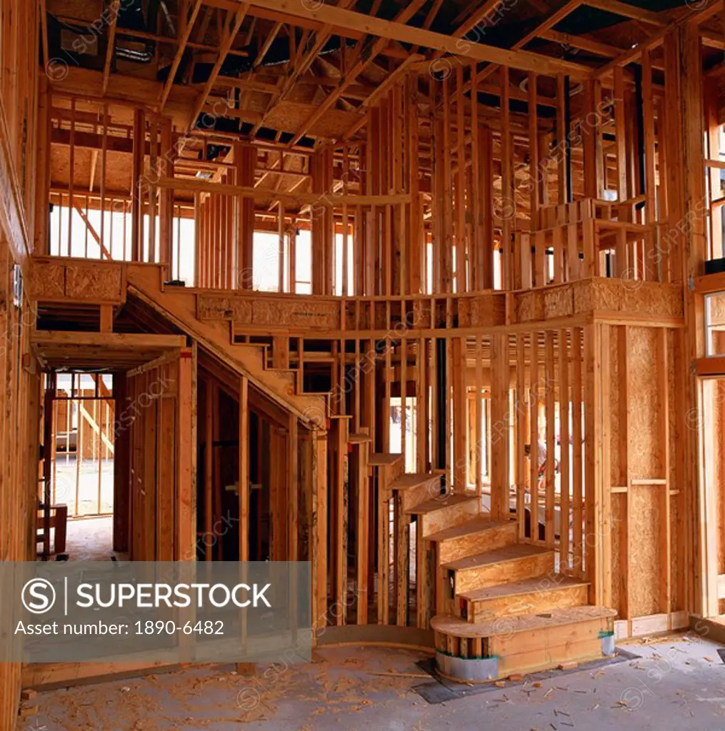 Interior of a wood framed house under construction in California, United States of America, North America