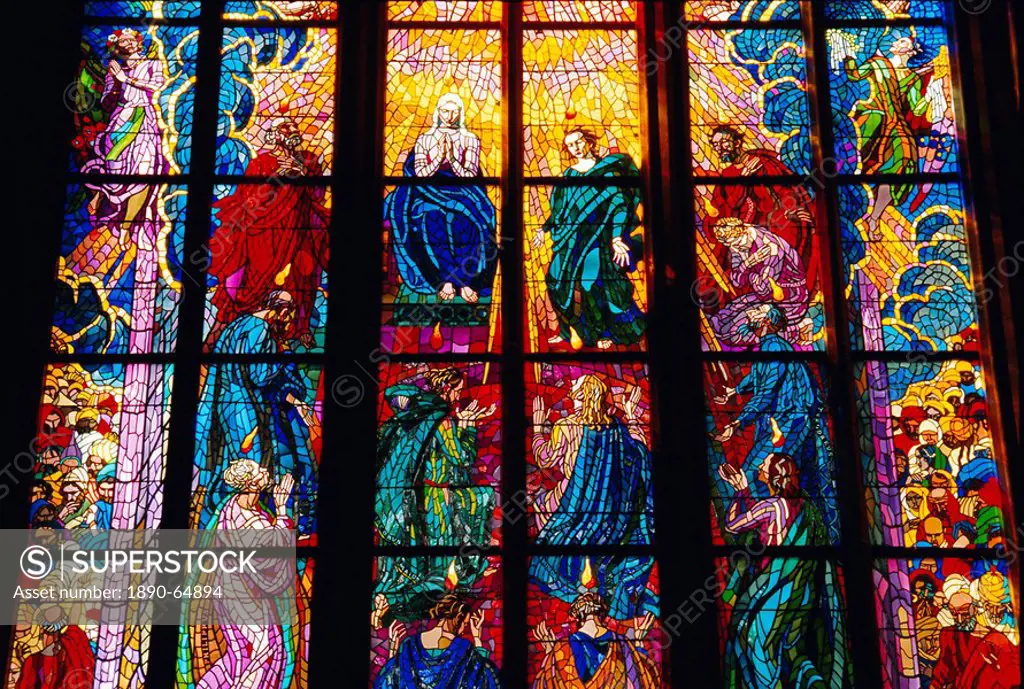 Stained glass window, St. Vitus Cathedral, Prague, Czech Republic, Europe