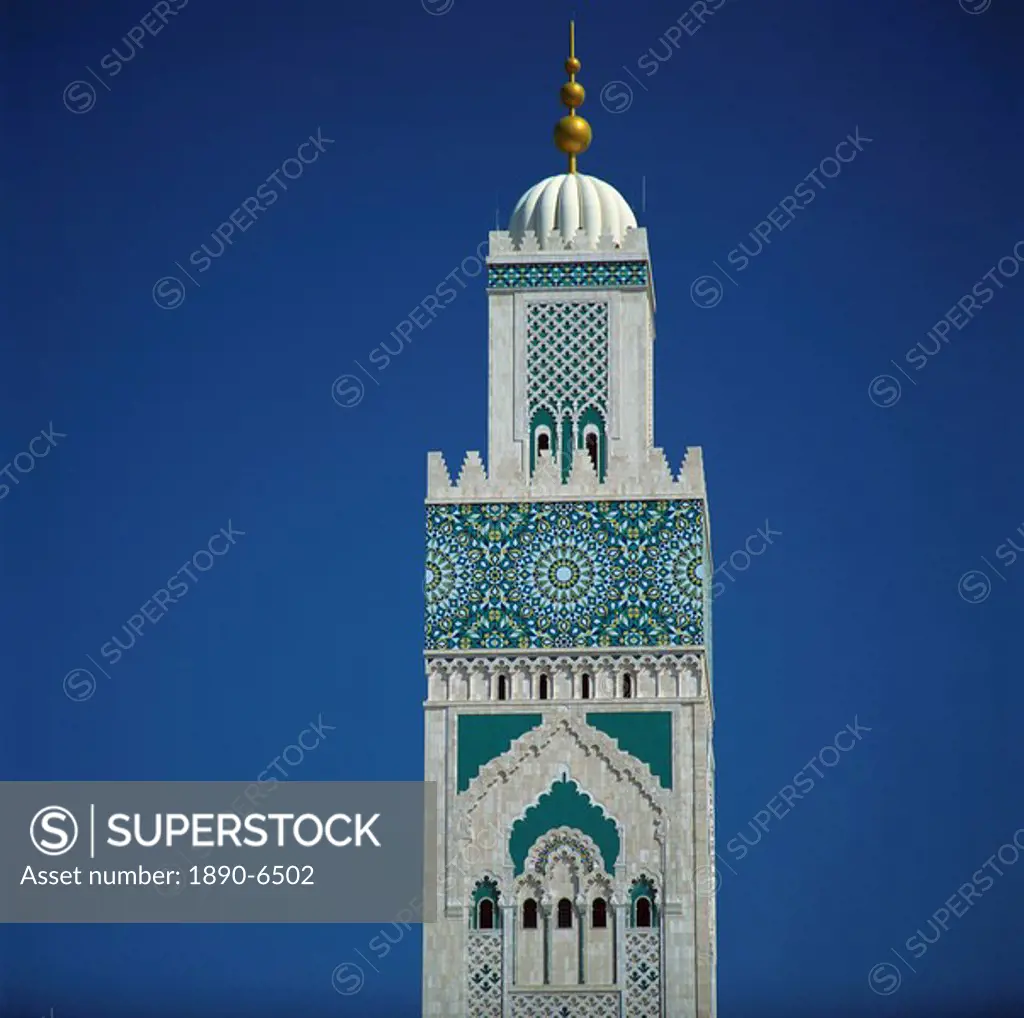 The tower of the Hassan II Mosque, Casablanca, Morocco, North Africa, Africa