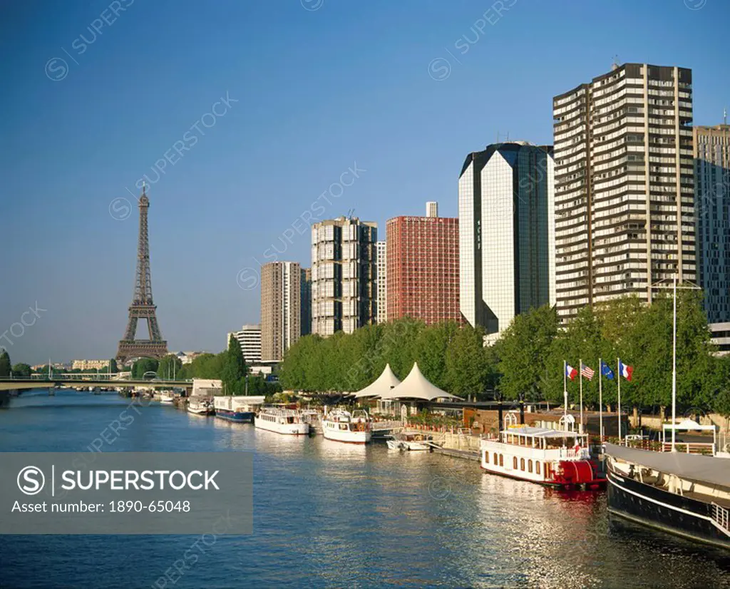 View from the River Seine towards the Beaugrenelle Centre and the Eiffel Tower, Paris, France