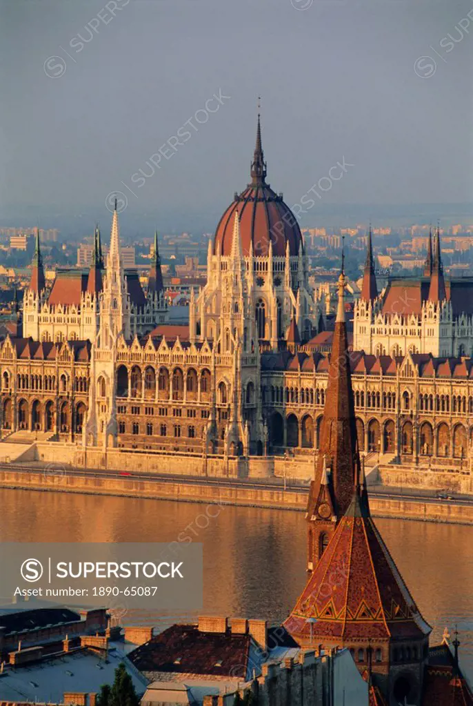 Parliament building and the Danube River from the Castle district, Budapest, Hungary, Europe