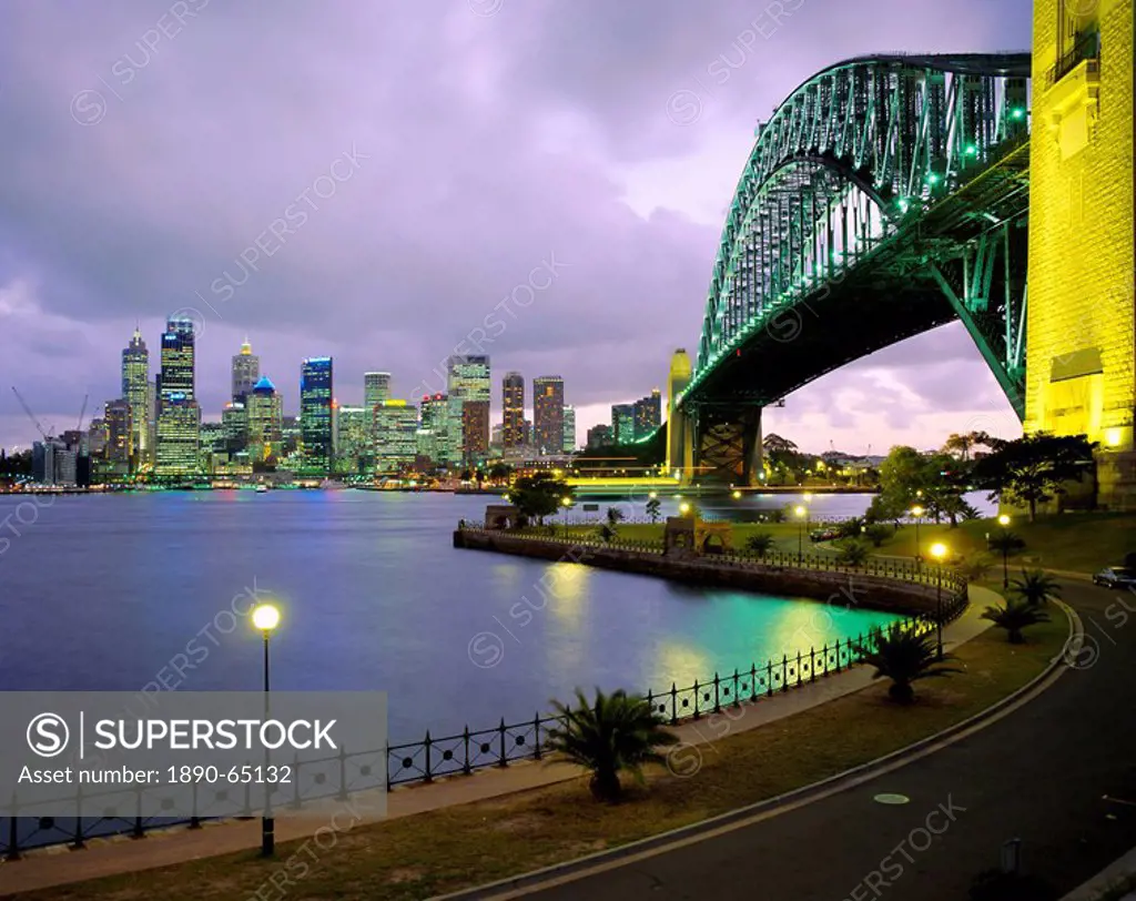 City skyline and the Sydney Harbour Bridge at dusk, Sydney, New South Wales, Australia