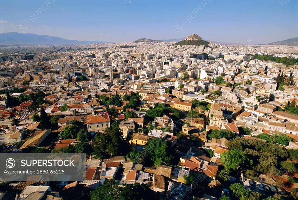 View across Athens from Plaka towards Lykavittos Hill, Greece, Europe