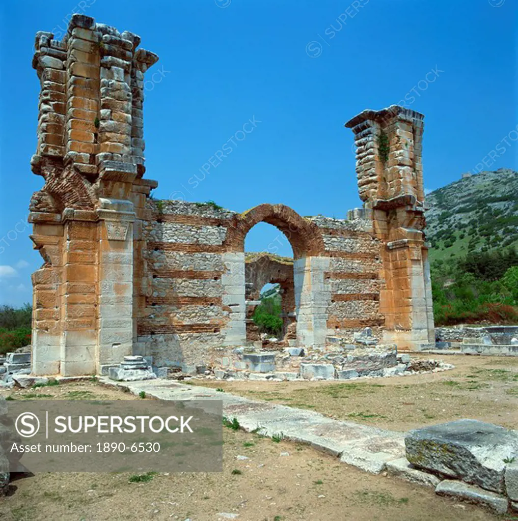 Ruins of gateway and wall in the town built for Octavia over the assassins of Julius Caesar in 42 BC, at Philippi Filipi, Greece, Europe