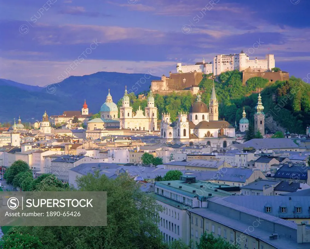 Elevated view of the old city, Kollegienkirche and Cathedral domes, Salzburg, Tirol, Austria