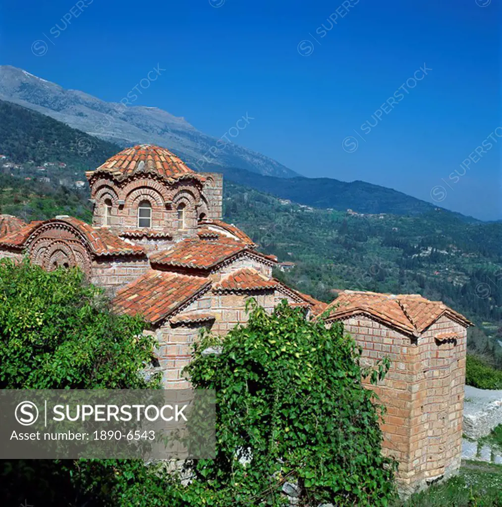 The church of St. Sophia, with hills in the background, at Mistras, UNESCO World Heritage Site, Greece, Europe