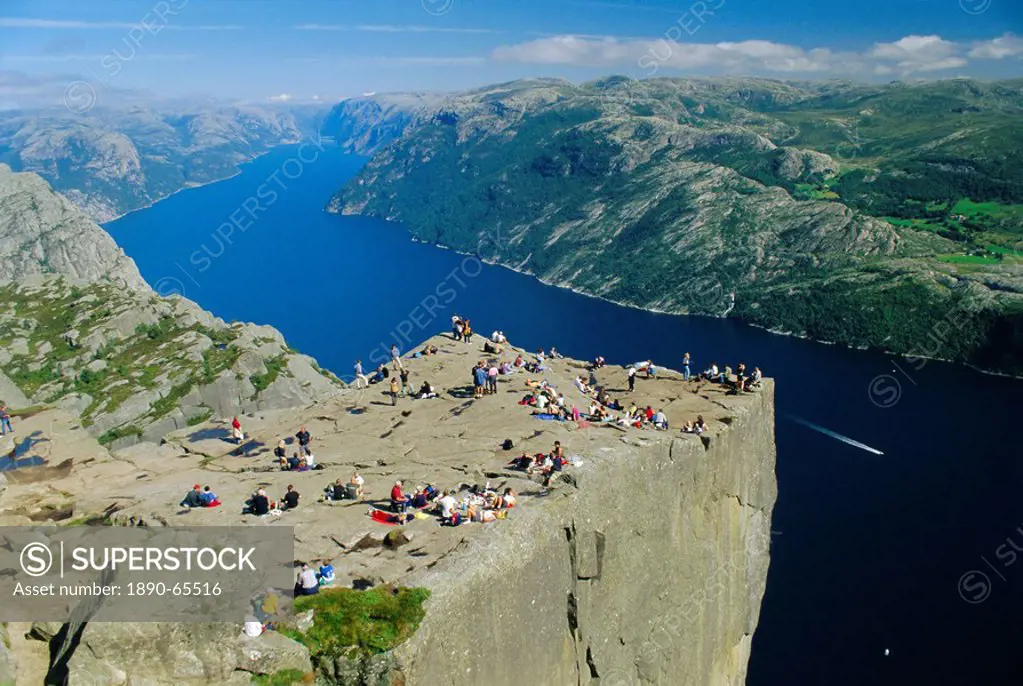 Preikestolen Rock overlooking Lysefjord near Stavanger, South West Fjords, Norway