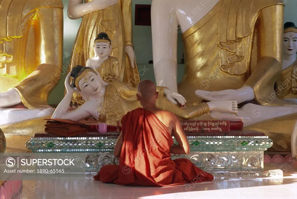 Buddhist monk worshipping at Shwedagon Paya Shwe Dagon pagoda, Yangon Rangoon, Myanmar Burma, Asia