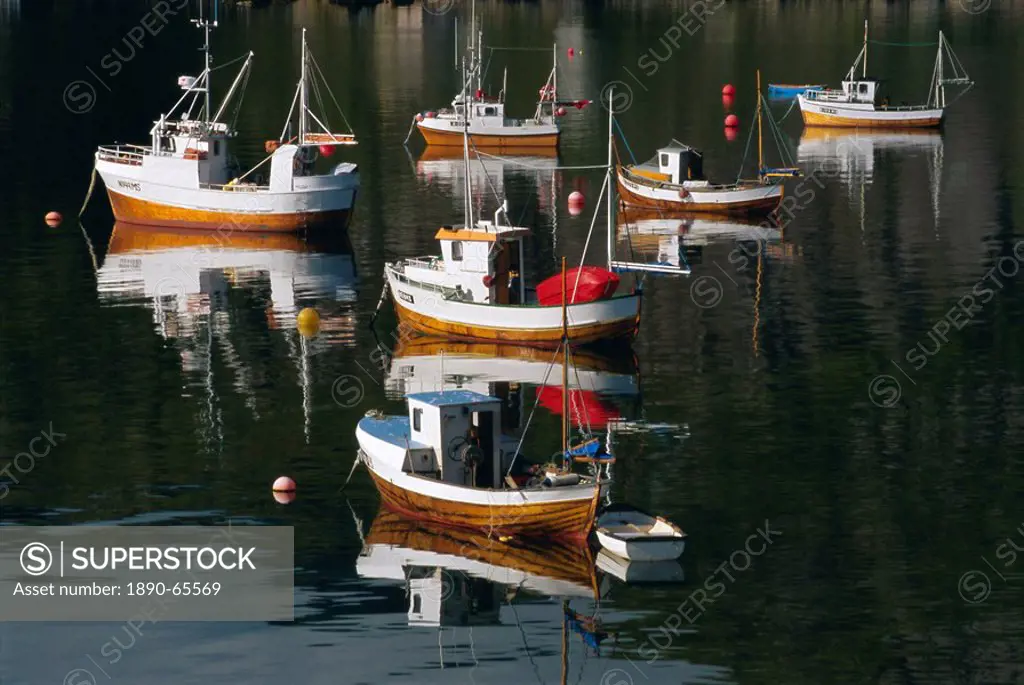 Fishing boats in Moskenes, Moskenesoy, Lofoten Islands, Nordland, Norway, Scandinavia, Europe