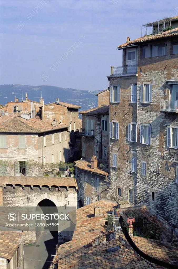 Mandorla Gate and buildings of the town, Perugia, Umbria, Italy, Europe
