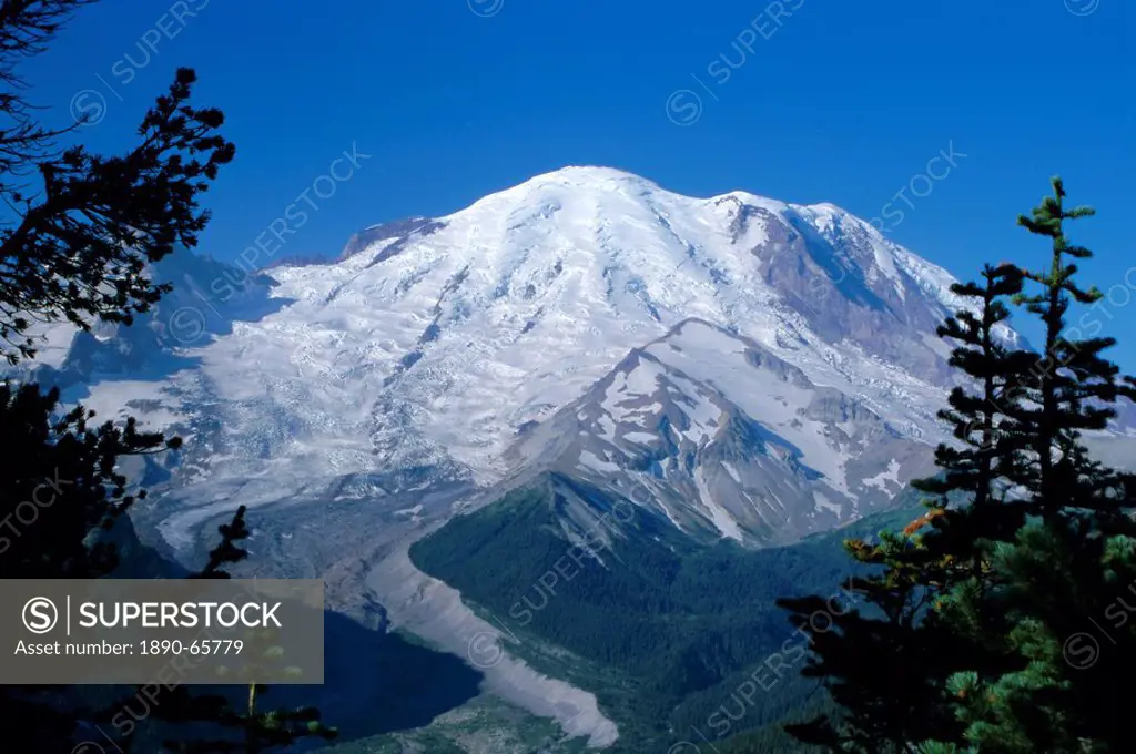 Mount Rainier, volcanic peak, and Emmons Glacier from summit icefield, Cascade Mountains, Washington State, United States of America U.S.A., North Ame...