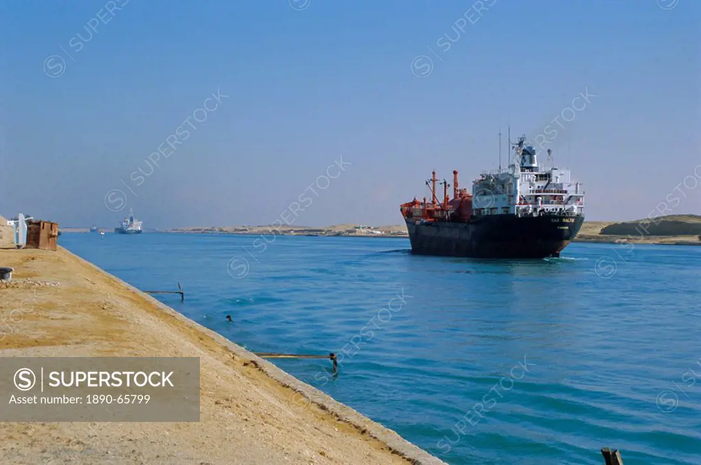 Northbound freighter on the Suez Ship Canal, Suez, Egypt, North Africa