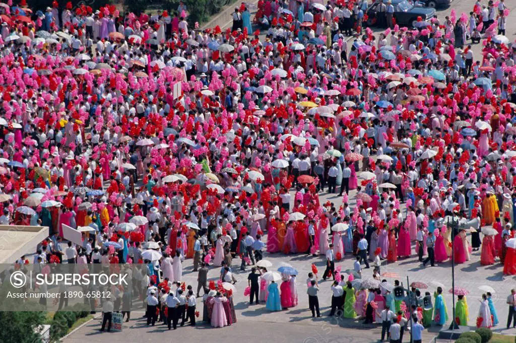 Women in national dress parade in Kim Il Sung Square for state visit, Pyongyang, North Korea, Asia