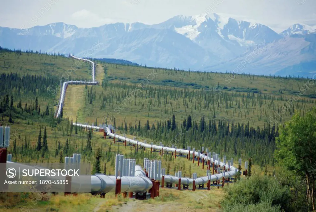 The Trans Alaska Oil Pipeline running on refridgerated support to stop oil heat melting the permafrost,Mount Hayes 4116m and the Alaska Range in the b...