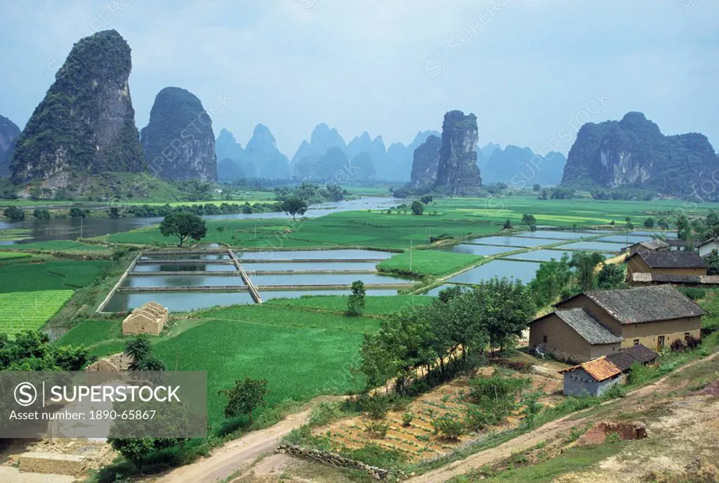 Farmland and rock formations of Guangxi, Guilin Province, China