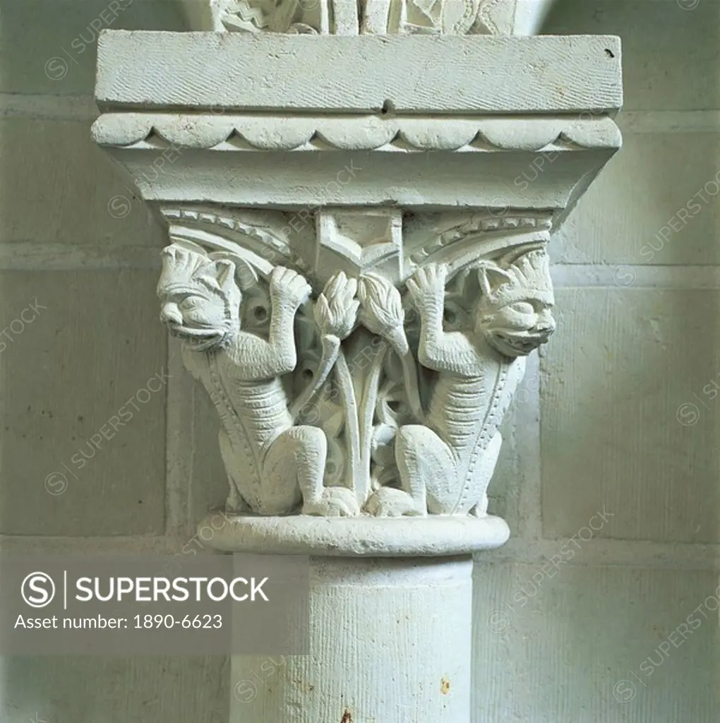 Carved capital, one of 223 capitals of beasts, demons and religious motifs in Cunault, Anjou, Pays de la Loire, France, Europe