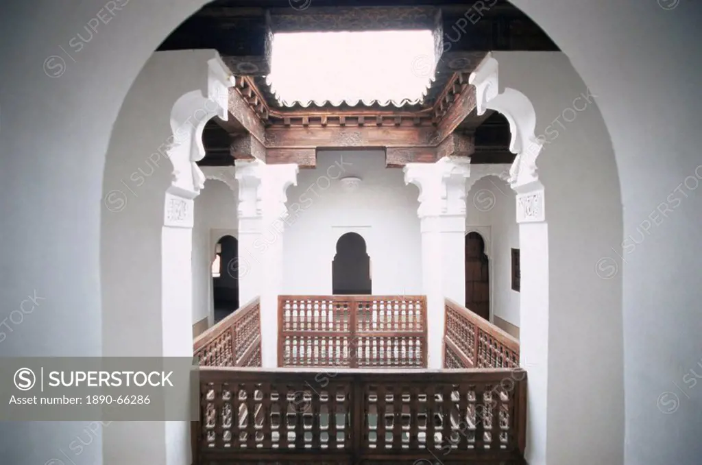Room inside Ben Youssef Medersa, an old Koranic school, Marrakech Marrakesh, Morocco, North Africa