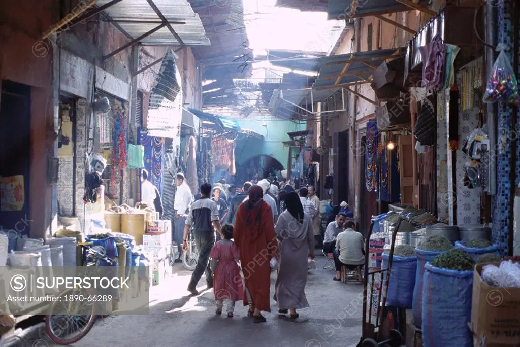 Street scene in the souks of the Medina, Marrakech Marrakesh, Morocco, North Africa, Africa