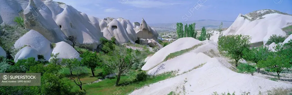 Panoramic view of tufa formations near the town of Uchisar, Cappadocia, Anatolia, Turkey, Asia Minor, Asia