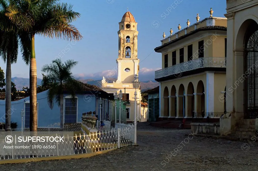 Street scene with church belltower, Trinidad, UNESCO World Heritage Site, Cuba, West Indies, Central America