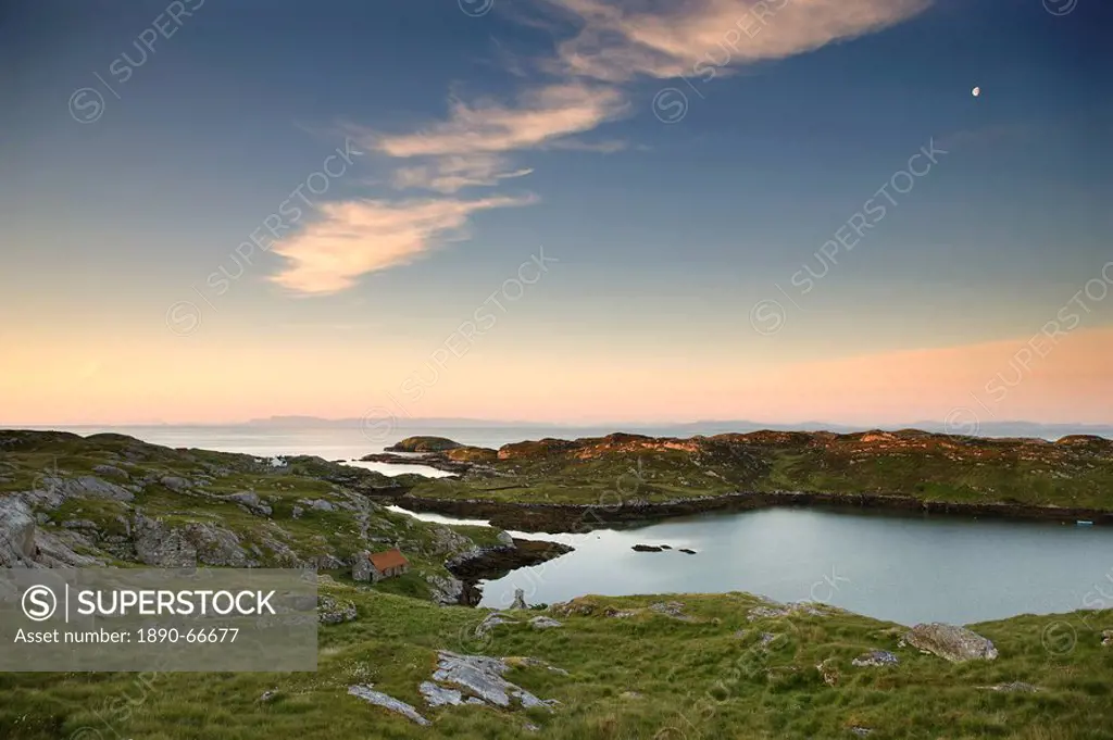 Dawn view towards the township of Manish and the coastline of Harris, Isle of Skye on the horizon, Outer Hebrides, Scotland, United Kingdom, Europe