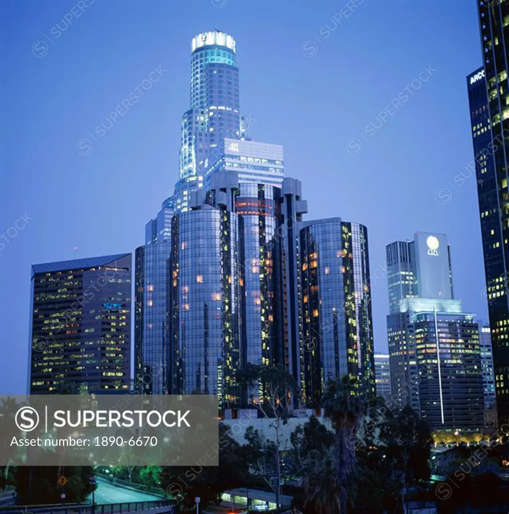 Skyscrapers in the city at night, Los Angeles, California, United States of America USA, North America