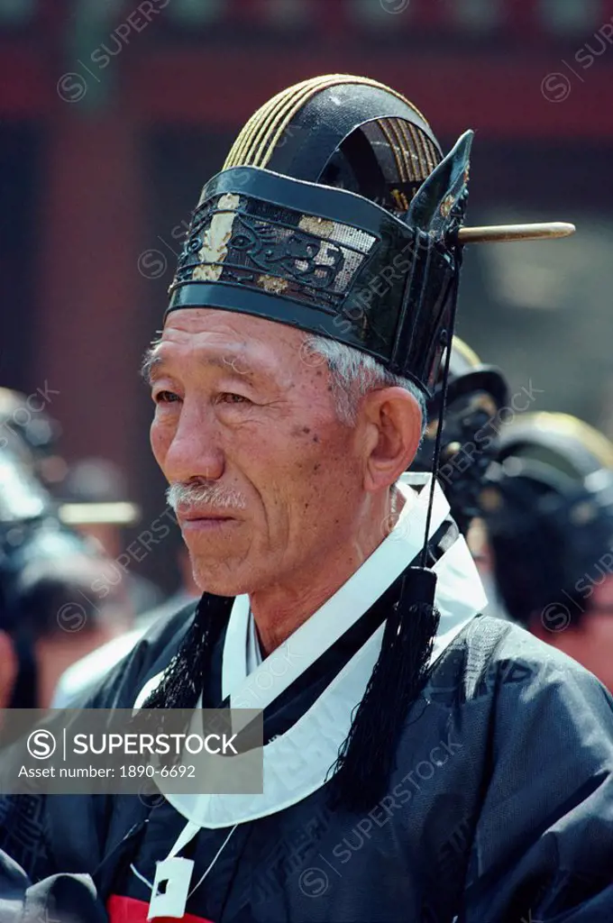 Portrait of an old man in traditional dress who is a Confucian scholar, during the Sokchon Ceremony in South Korea, Asia