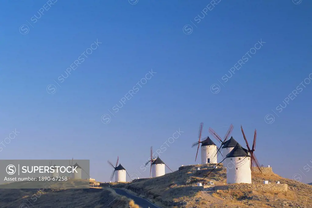 Distant view of hilltop windmills, as described in ´Don Quijote´ Don Quixote, Consuegra, Castilla_La Mancha, Spain, Europe