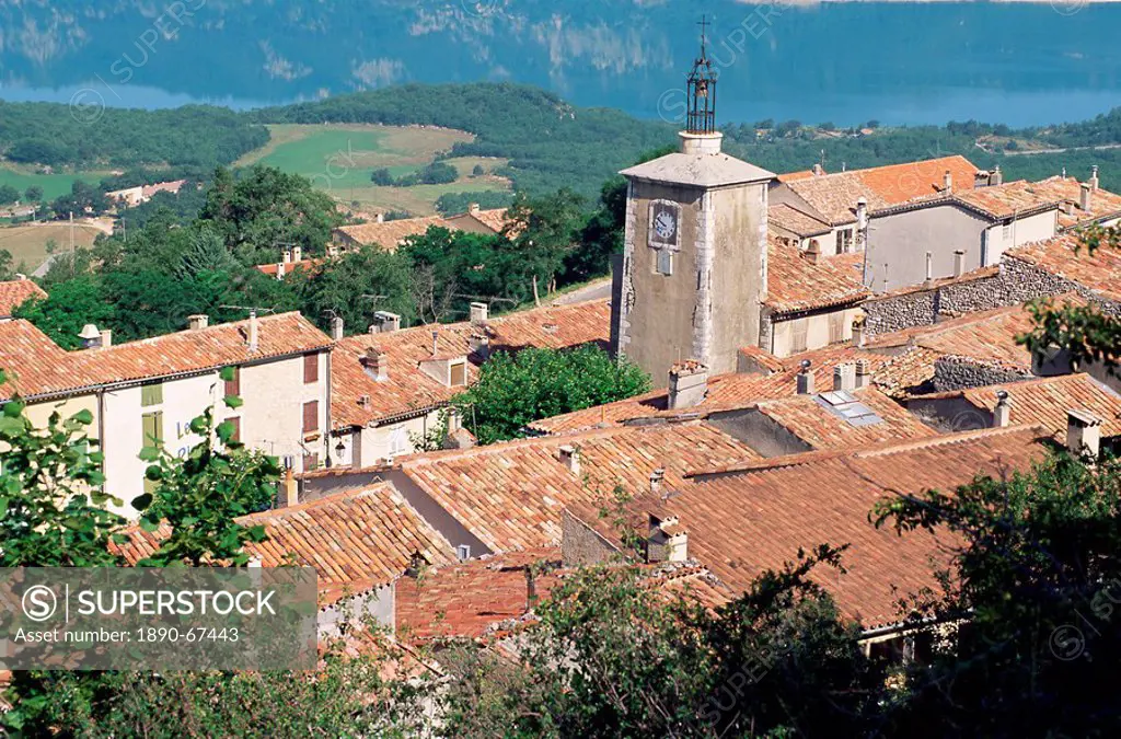 View over village to Ste. Croix Lake, Aiguines, Var, Cote d´Azur, Provence, France, Europe