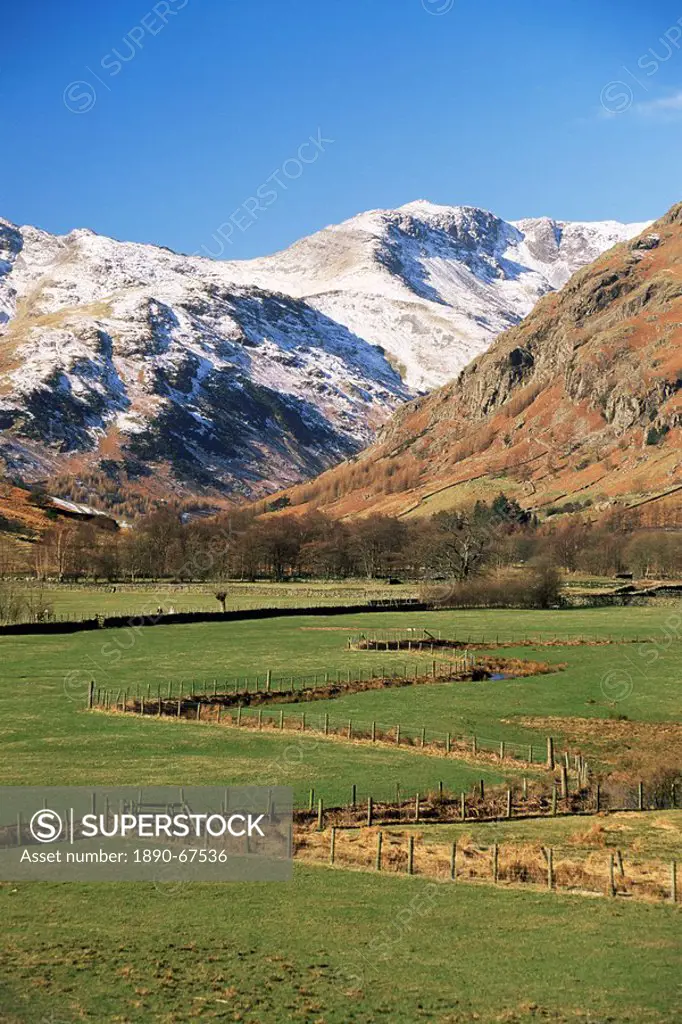 View across fields to valley head in winter, Great Langdale, Lake District National Park, Cumbria, England, United Kingdom U.K., Europe