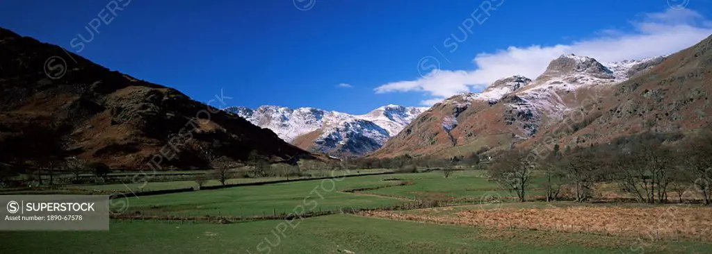 Great Langdale, view across fields to valley head and Langdale Pikes in winter, Lake District National Park, Cumbria, England, United Kingdom, Europe