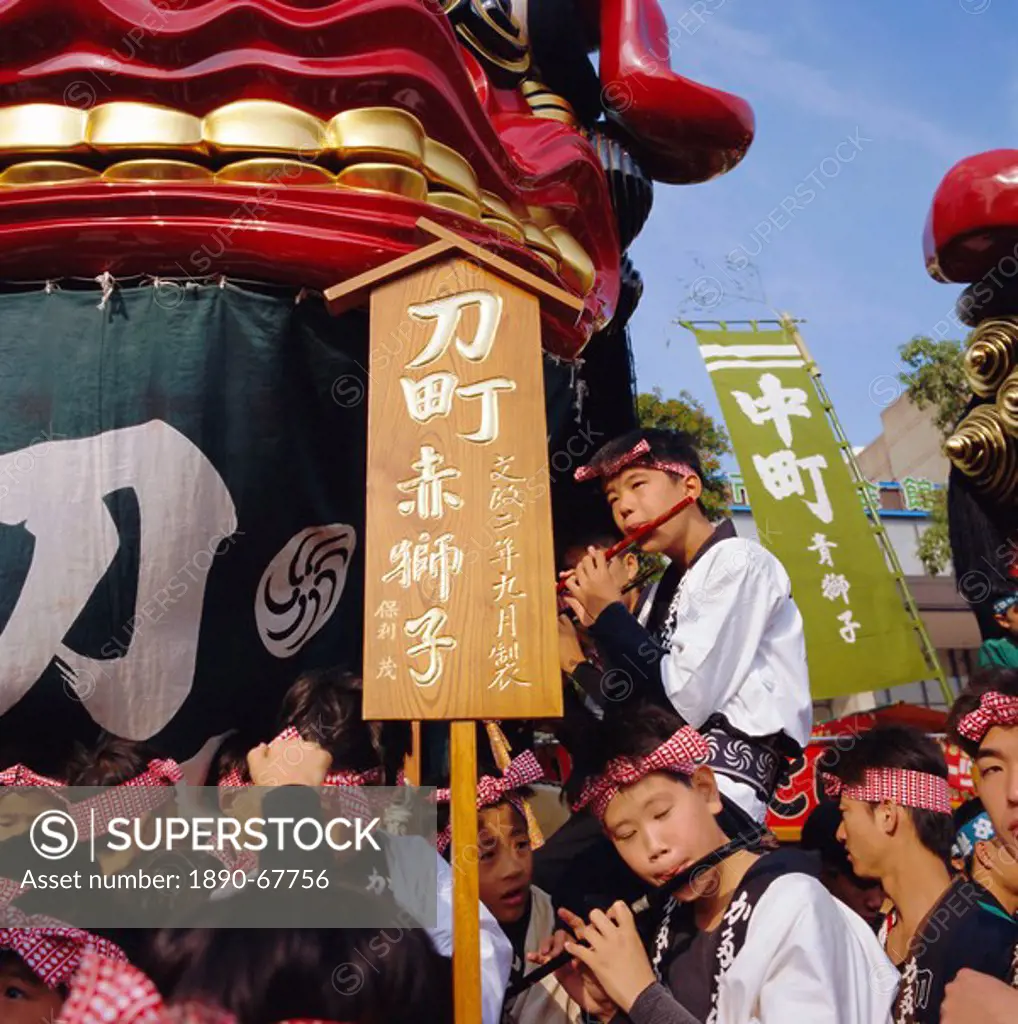 Karatsu Okunchi Festival, children on float in festival robes, Karatsu, Kyushu, Japan