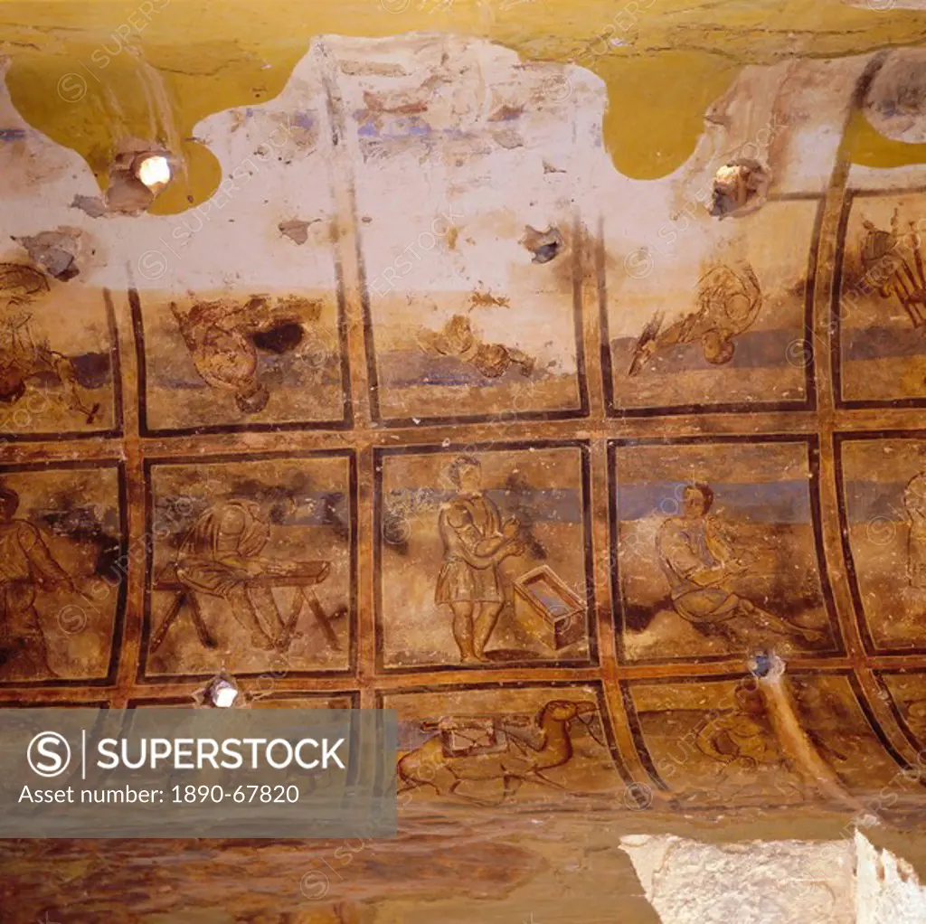 Frescos of artisans on side aisle ceiling, Qusayr Amra, Umayyad bath complex, Jordan, Middle East