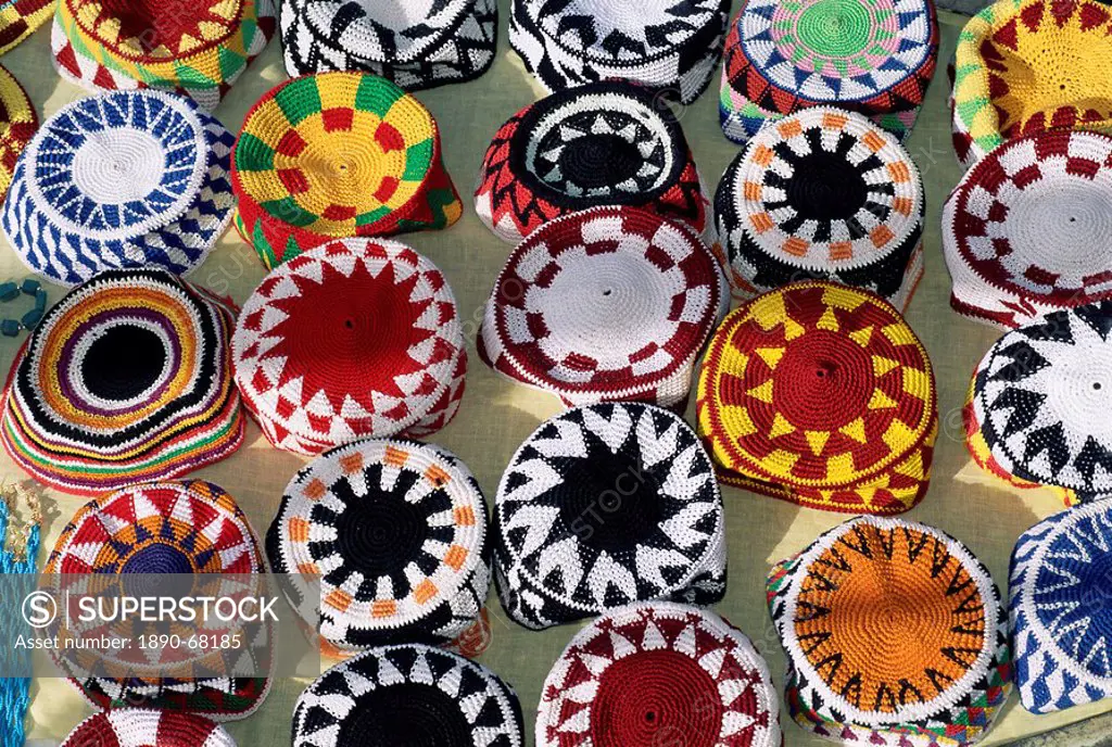 Colourful Nubian skullcaps for sale, Philae, Aswan, Egypt, North Africa, Africa
