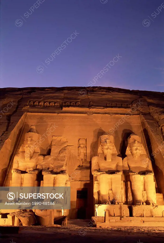 Floodlit temple facade and colossi of Ramses II Ramesses the Great, Abu Simbel, UNESCO World Heritage Site, Nubia, Egypt, North Africa, Africa