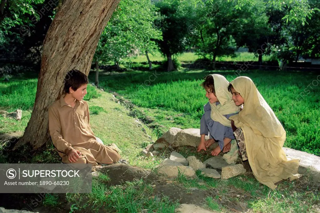 Children chatting under a tree, Gilgit, Pakistan, Asia