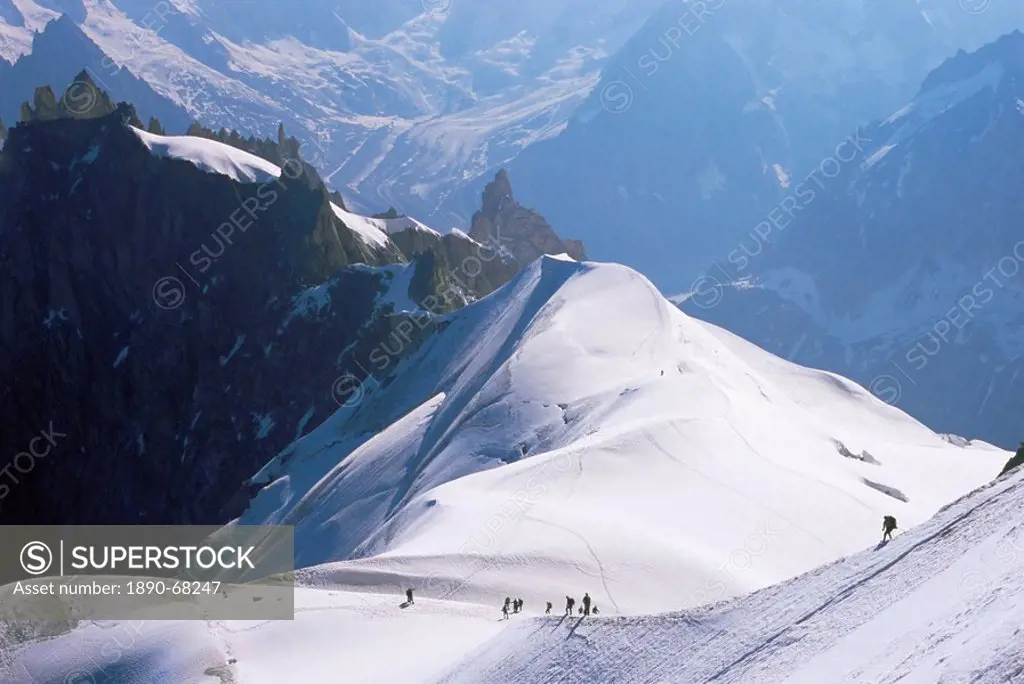 View from Mont Blanc towards Grandes Jorasses, with mountaineers on Cosmiques Ridge, Mont Blanc, French Alps, France, Europe