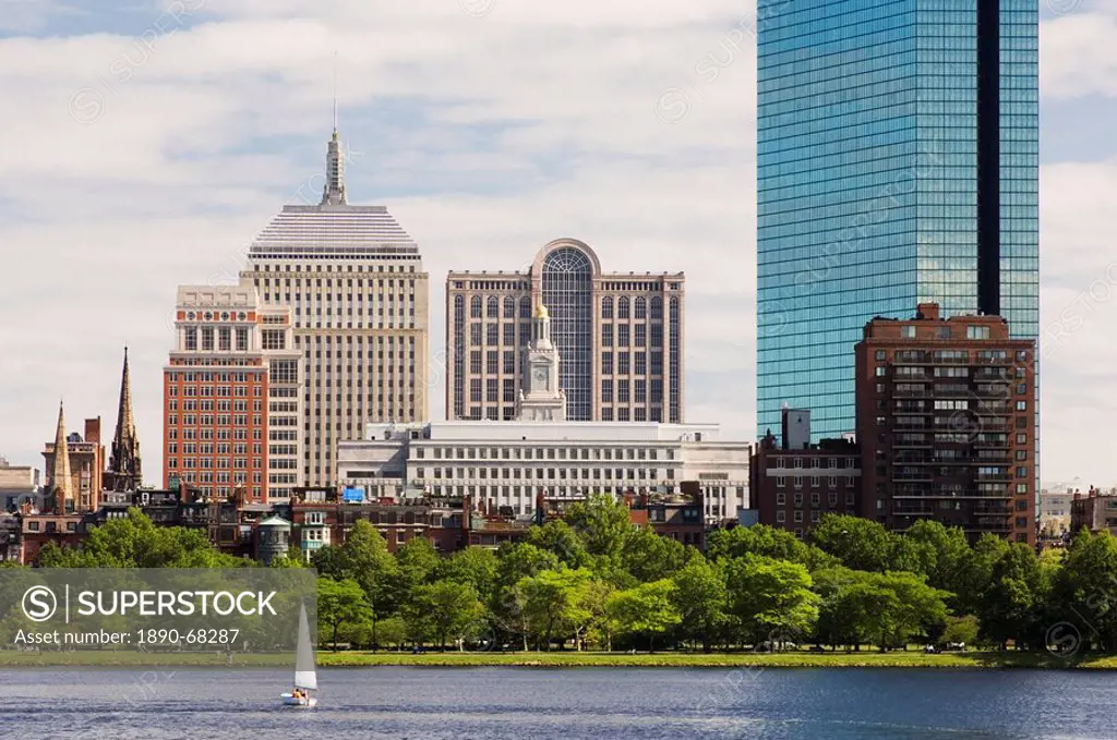 The John Hancock Tower and city skyline across the Charles River, Boston, Massachusetts, USA