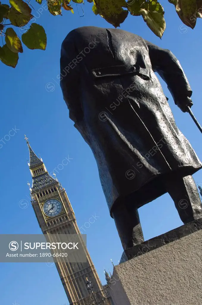 Big Ben and the Sir Winston Churchill statue, Westminster, London, England, United Kingdom, Europe