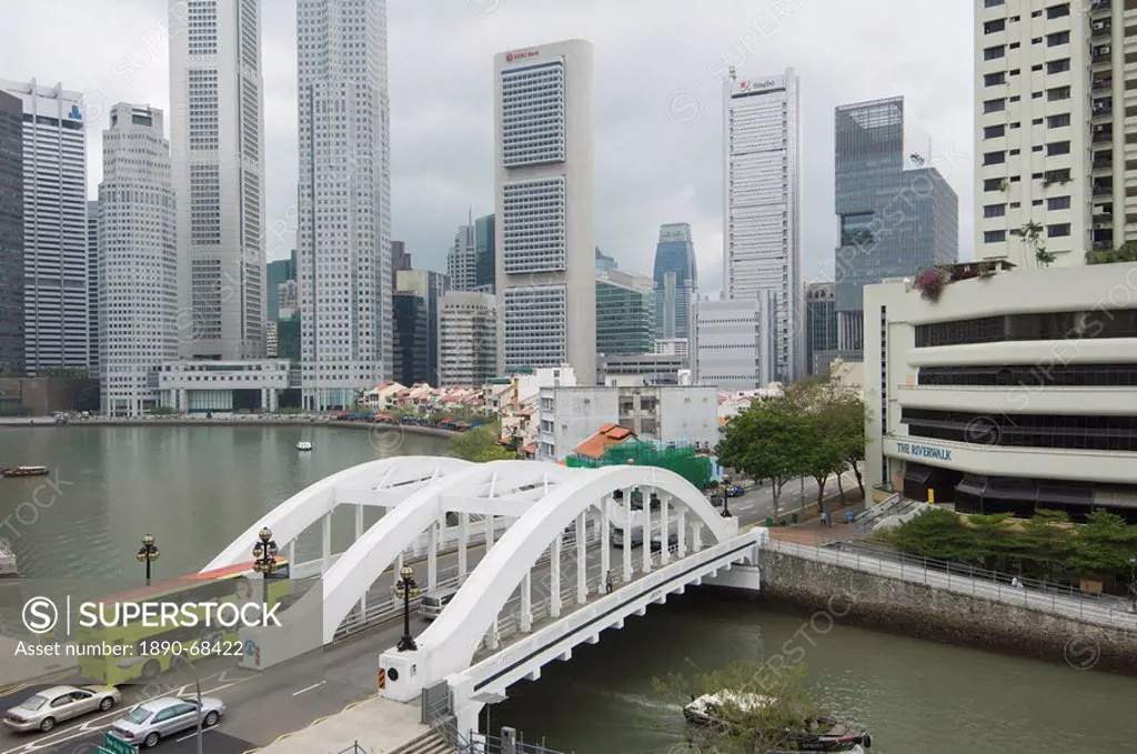 Elgin Bridge, Boat Quay and the Financial District beyond, Singapore, South East Asia